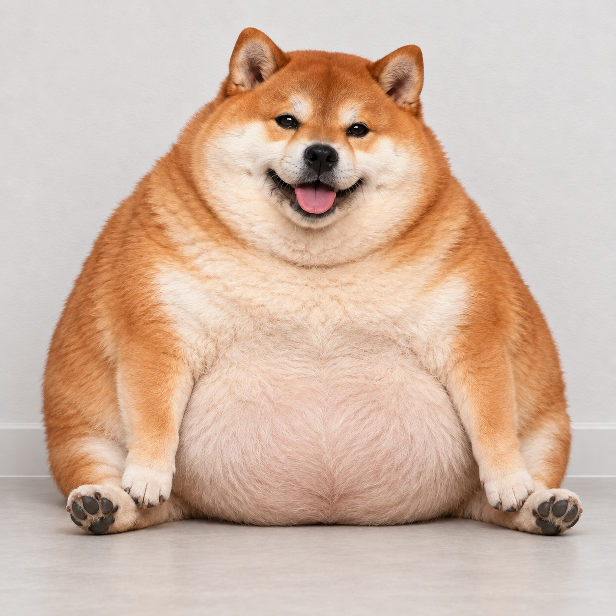 Pupzempic, an extremely chubby orange-and-white Shiba Inu sitting on the floor and smiling